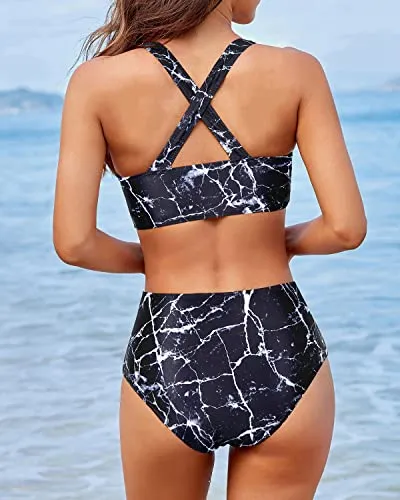 Sporty Women's Two Piece Bikini Sports Crop Top Swimsuit-Black Marble