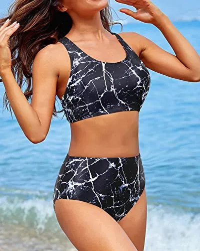 Sporty Women's Two Piece Bikini Sports Crop Top Swimsuit-Black Marble