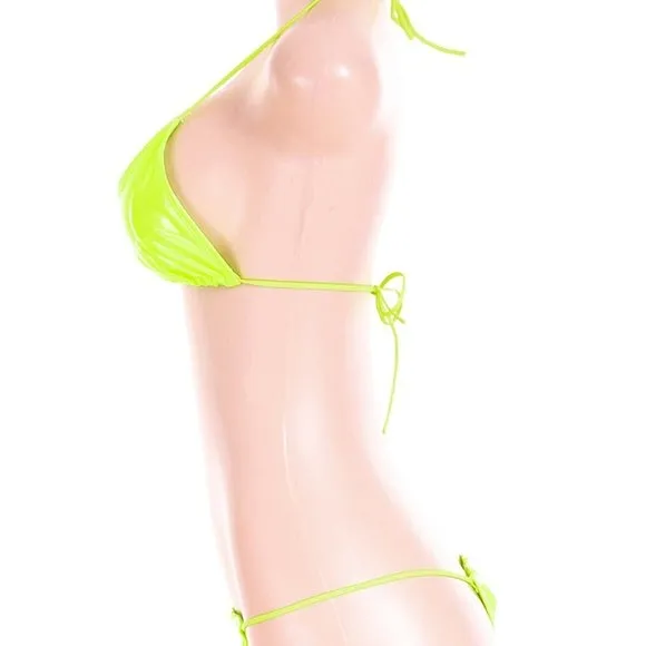 Stasia Oiled Slick: Sexy Neon Green Vegan Faux Leather PU String Bikini
