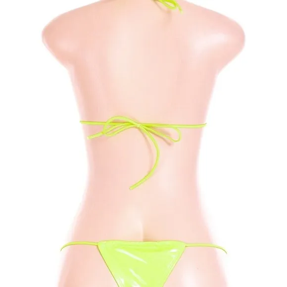 Stasia Oiled Slick: Sexy Neon Green Vegan Faux Leather PU String Bikini