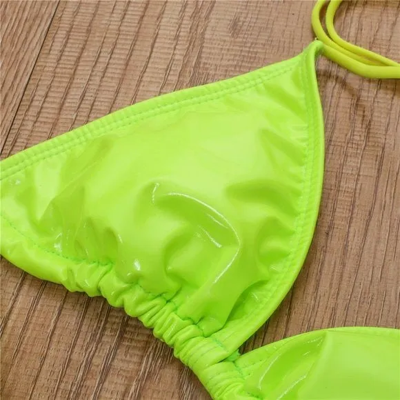 Stasia Oiled Slick: Sexy Neon Green Vegan Faux Leather PU String Bikini
