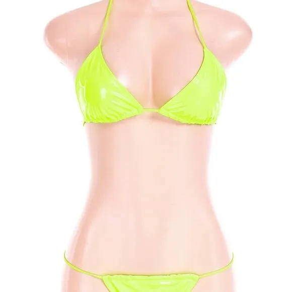Stasia Oiled Slick: Sexy Neon Green Vegan Faux Leather PU String Bikini
