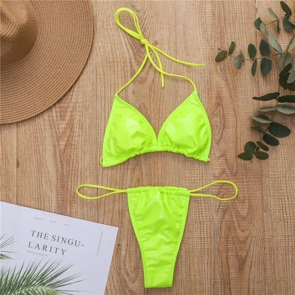 Stasia Oiled Slick: Sexy Neon Green Vegan Faux Leather PU String Bikini