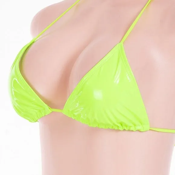 Stasia Oiled Slick: Sexy Neon Green Vegan Faux Leather PU String Bikini