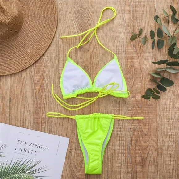 Stasia Oiled Slick: Sexy Neon Green Vegan Faux Leather PU String Bikini