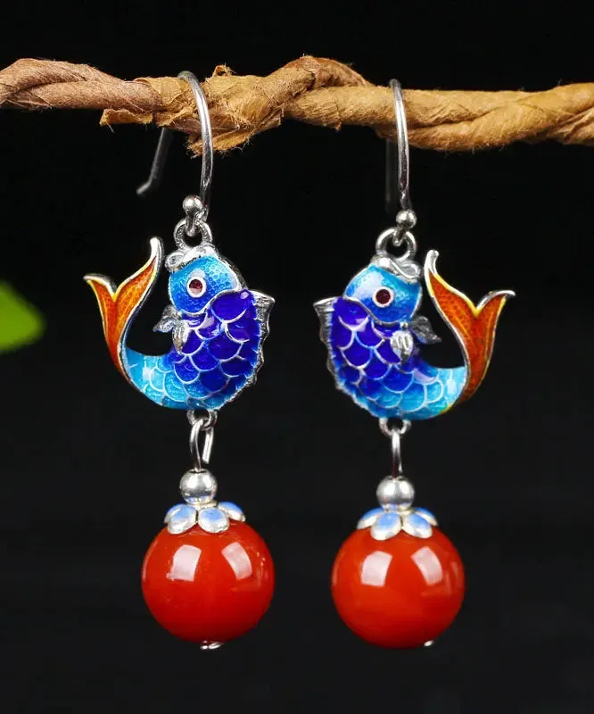 Sterling Silver Agate Cloisonne Goldfish Drop Earrings