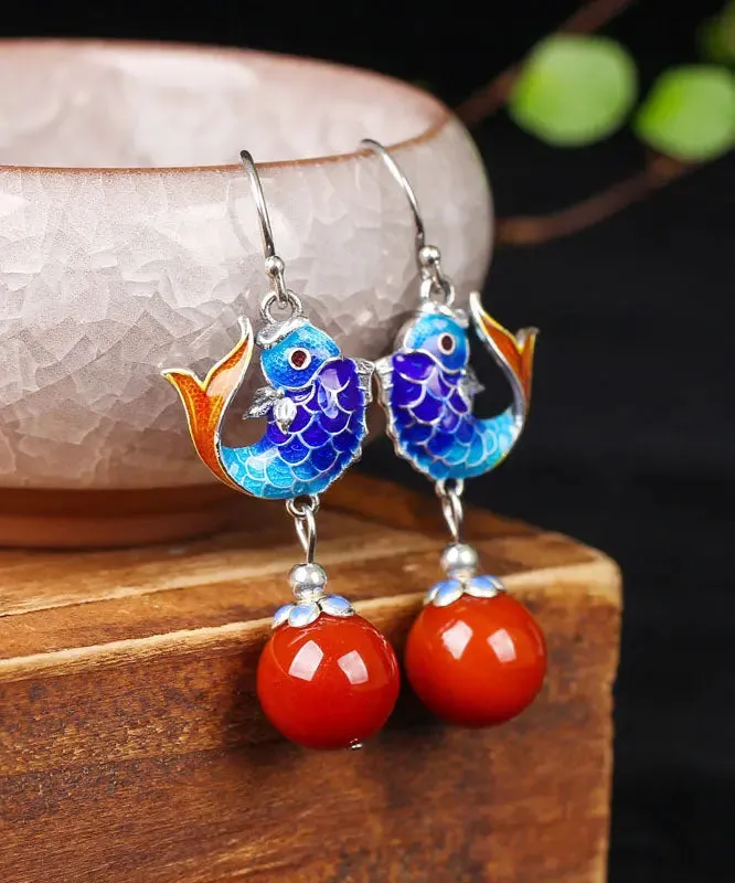 Sterling Silver Agate Cloisonne Goldfish Drop Earrings