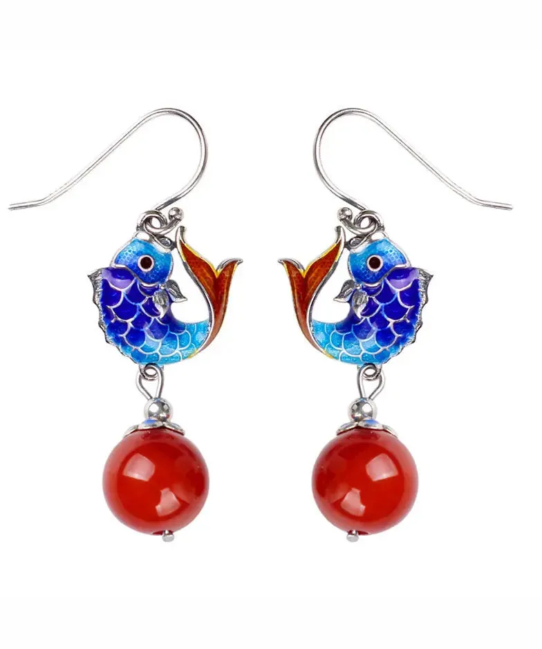 Sterling Silver Agate Cloisonne Goldfish Drop Earrings