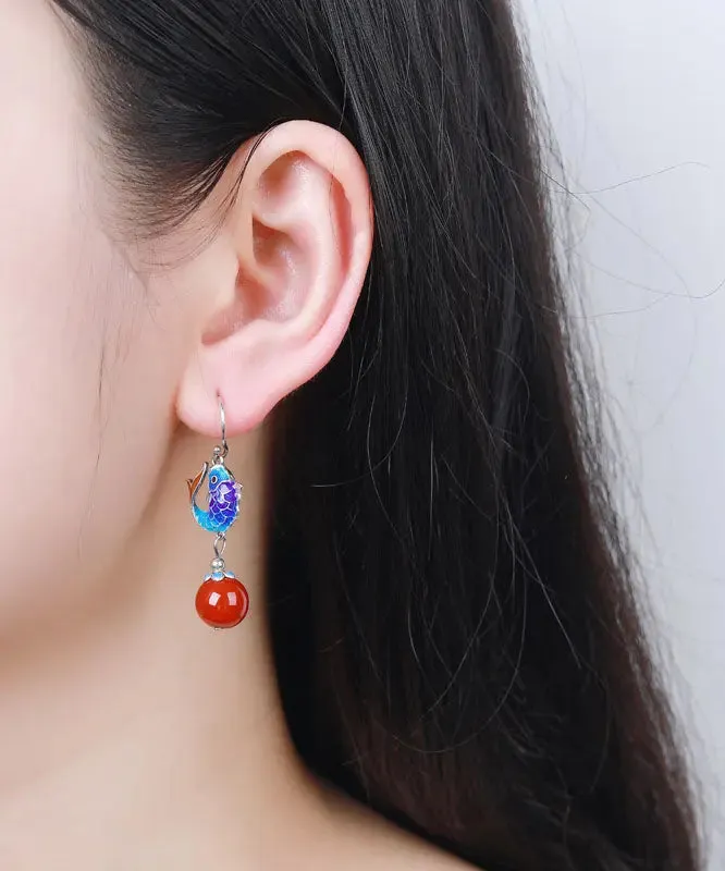 Sterling Silver Agate Cloisonne Goldfish Drop Earrings