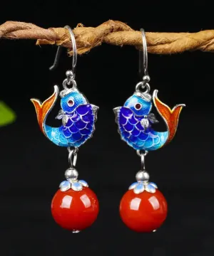 Sterling Silver Agate Cloisonne Goldfish Drop Earrings