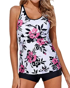 Strappy Back Tankini Bathing Suits Boy Shorts For Women-White Floral