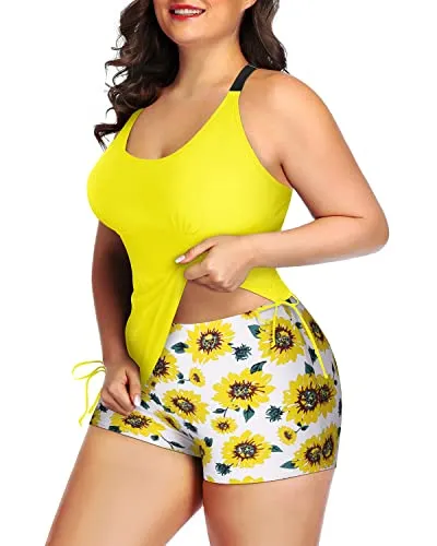 Strappy Hollow-Out Back Plus Size Tankini Swimsuit-Yellow And Sunflower