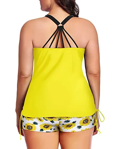 Strappy Hollow-Out Back Plus Size Tankini Swimsuit-Yellow And Sunflower