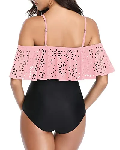 Strappy One Piece Swimsuit Push Up Bras Tummy Control Swimwear-Pink And Black