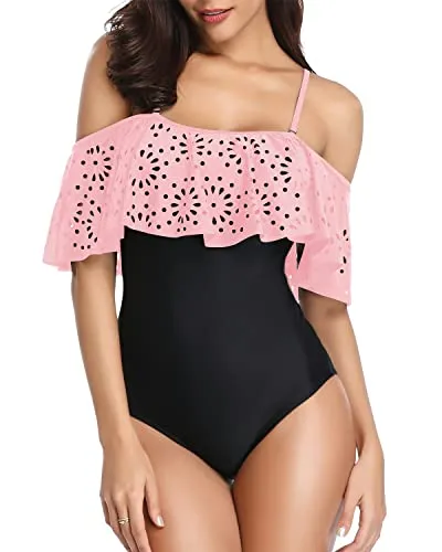 Strappy One Piece Swimsuit Push Up Bras Tummy Control Swimwear-Pink And Black