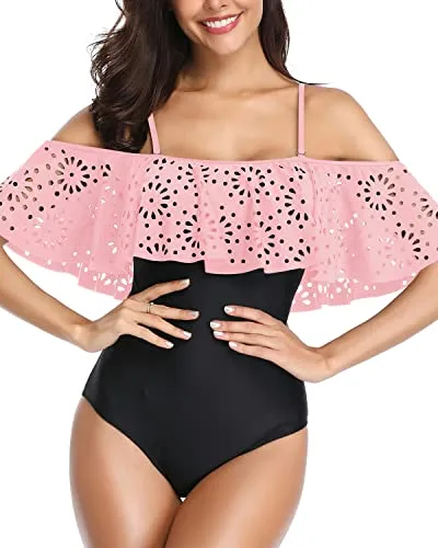 Strappy One Piece Swimsuit Push Up Bras Tummy Control Swimwear-Pink And Black