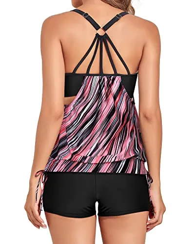 Strappy Two Piece Tummy Control Bathing Suits For Women-Black And Pink Stripes
