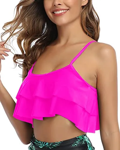 Stretchy Band Ruffled Swimsuit Tank Top For Women-Neon Pink