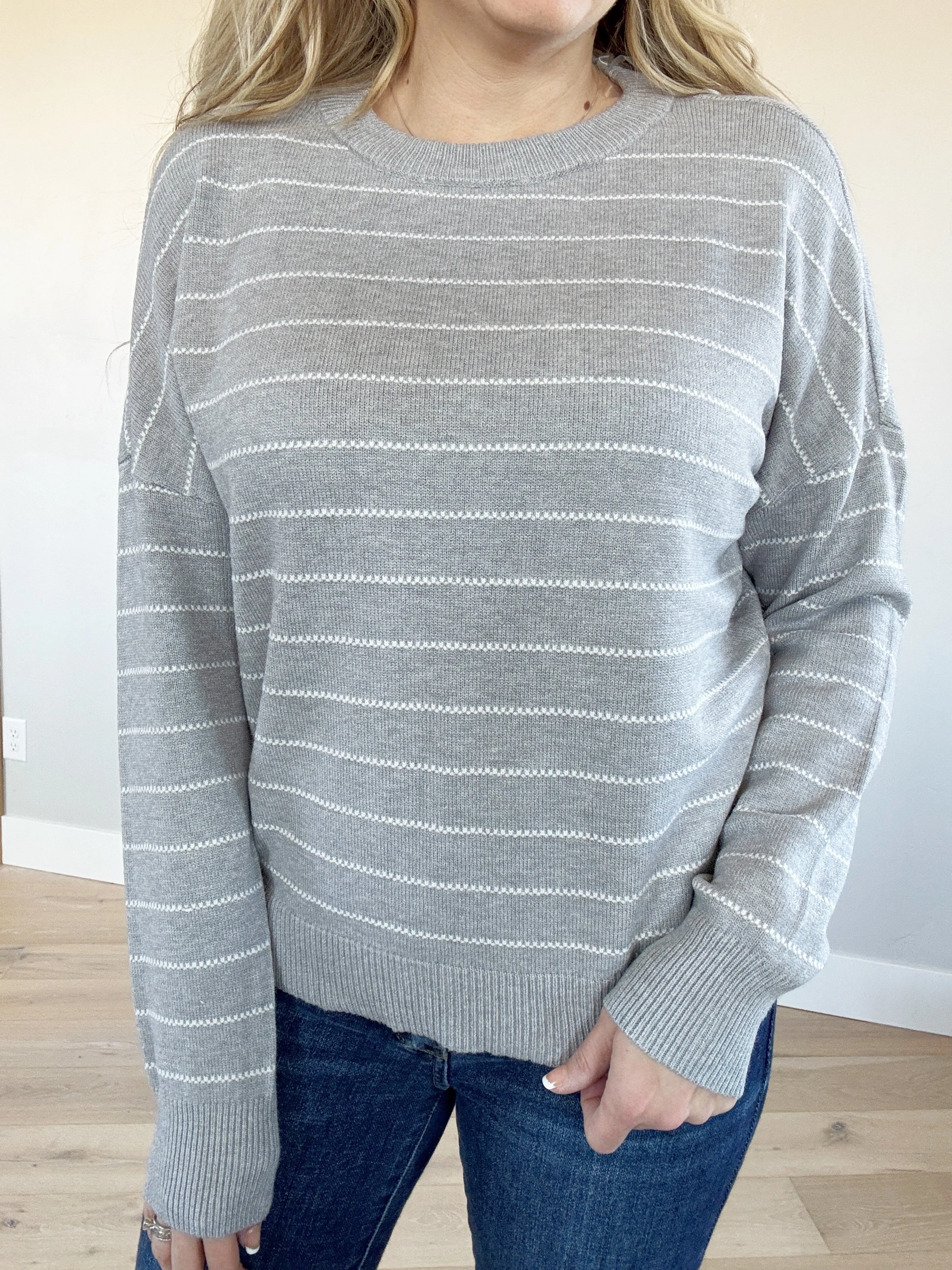 Strike a Pose Striped Sweater in Heather Gray