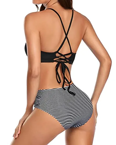 String Bathing Suit Halter Top With Side Tie Bottom Sexy Bikini-Black Stripe