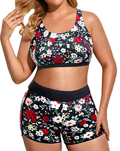 Stylish 3 Piece Tankini Swimsuits Plus Size Athletic Bathing Suits with Boy Shorts for Women