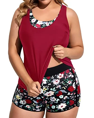 Stylish 3 Piece Tankini Swimsuits Plus Size Athletic Bathing Suits with Boy Shorts for Women