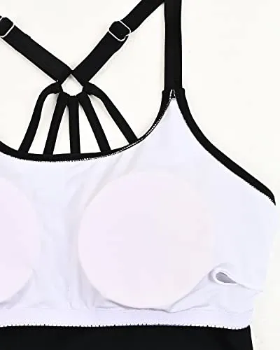 Stylish And Trendy Strappy Racerback Tankini Swim Top Only-Black And Blue Stripes
