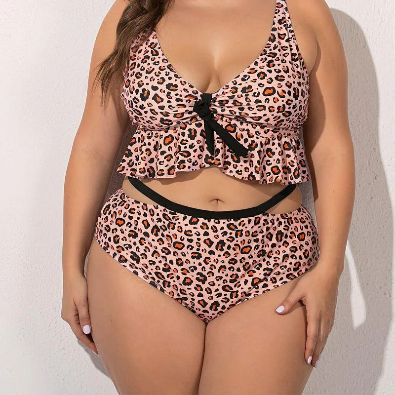 Stylish Women's Leopard Print Bikini With Lotus Lace Plus Size 2 Piece Set