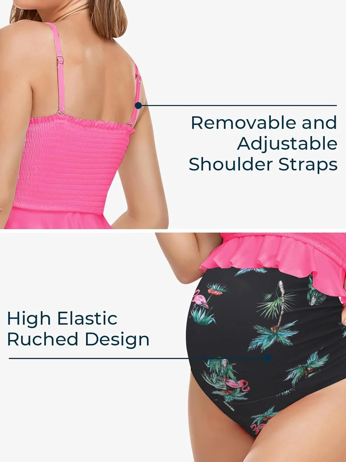Summer Mae Maternity High Waist Swimsuit Ruffle Hem Bikini Bathing Suit Shirred Bandeau Two Piece Pregnancy Swimwear