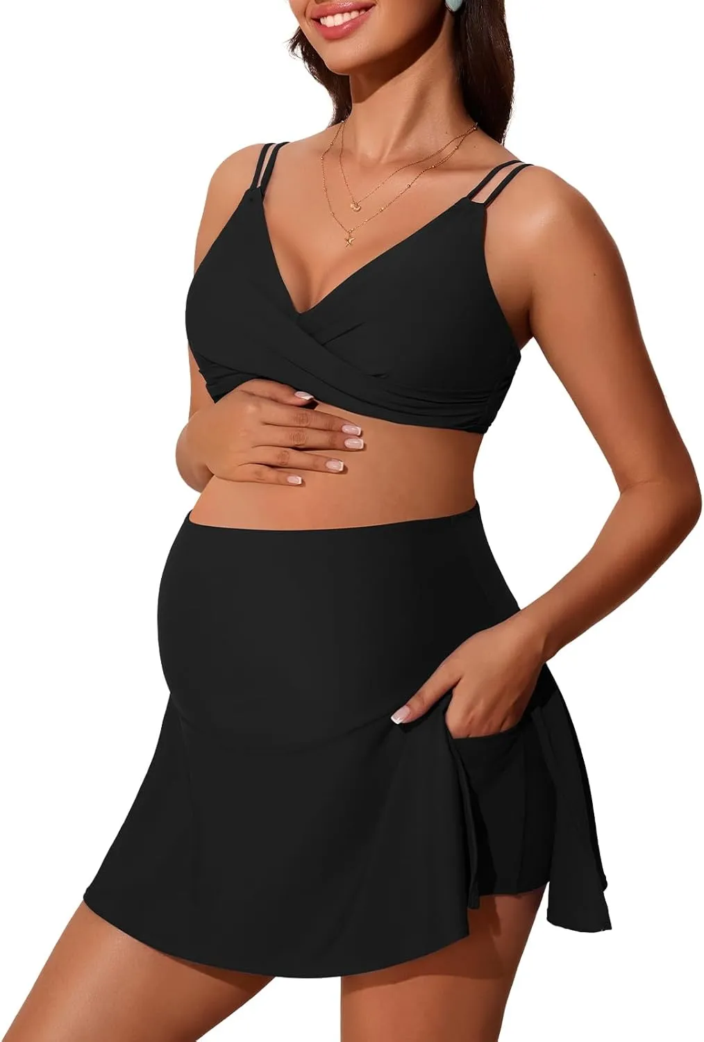 Summer Mae Maternity Swim Dress Two-Piece Bikini Swimsuit Pregnancy Bathing Suit with Pockets