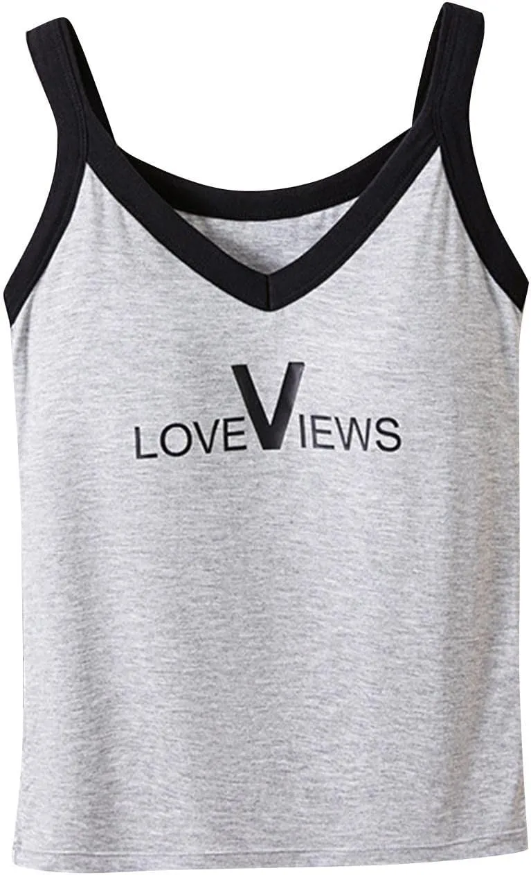 Summer Tank Tops for Women Trendy Sleeveless V Neck Padded Shirts Top Letter Printed Fashion V Neck Vacation Camisole
