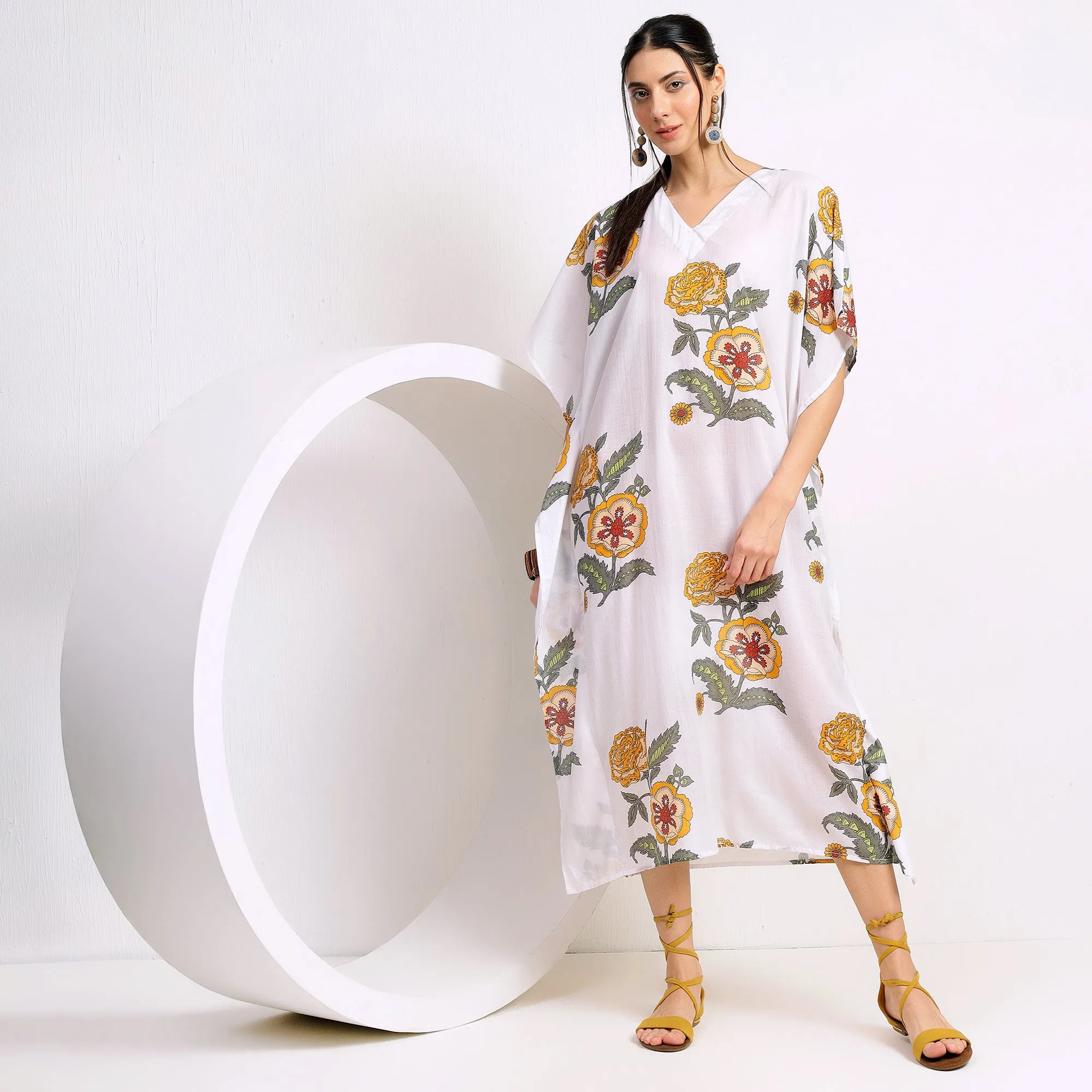 Sun-Kissed Blossoms: Yellow Floral Hand Block Printed Cotton Kaftan