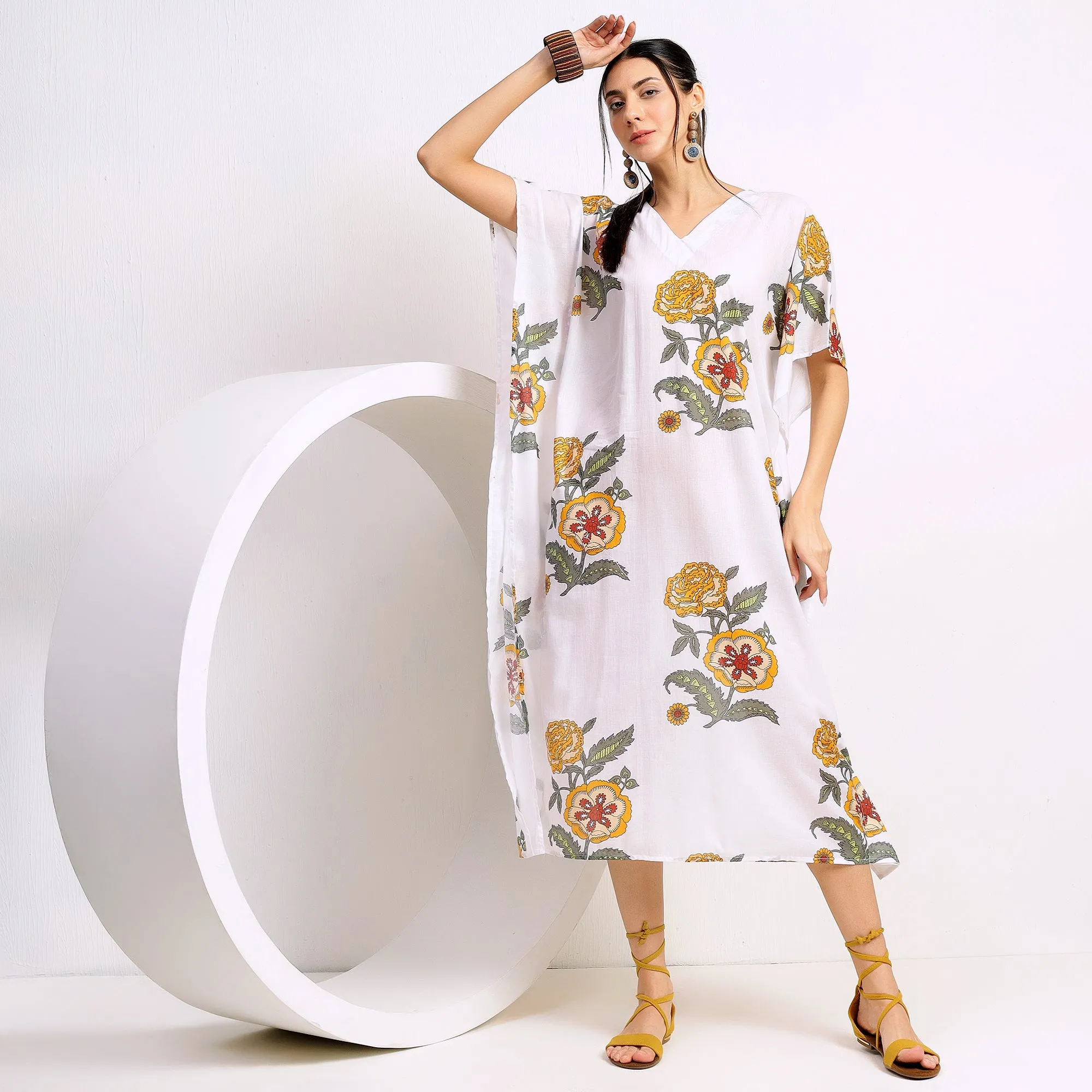 Sun-Kissed Blossoms: Yellow Floral Hand Block Printed Cotton Kaftan