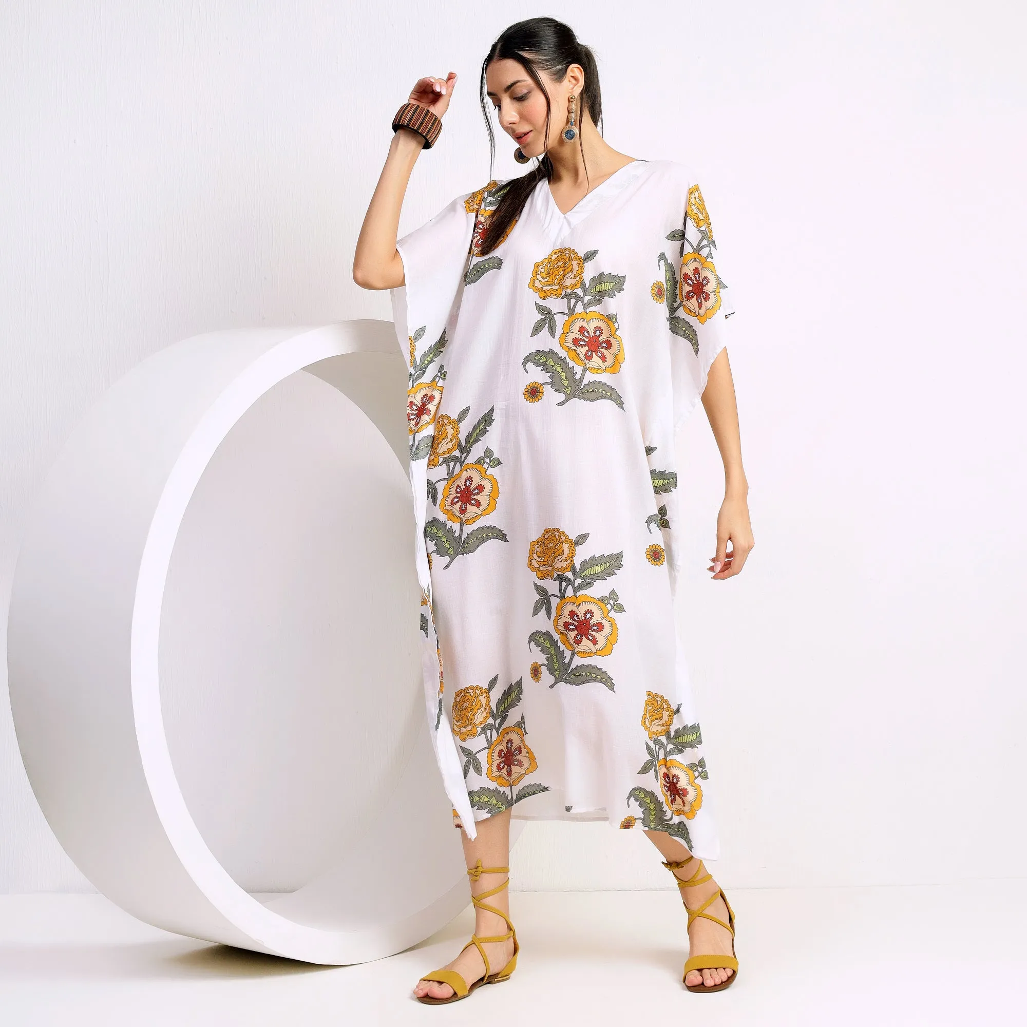 Sun-Kissed Blossoms: Yellow Floral Hand Block Printed Cotton Kaftan