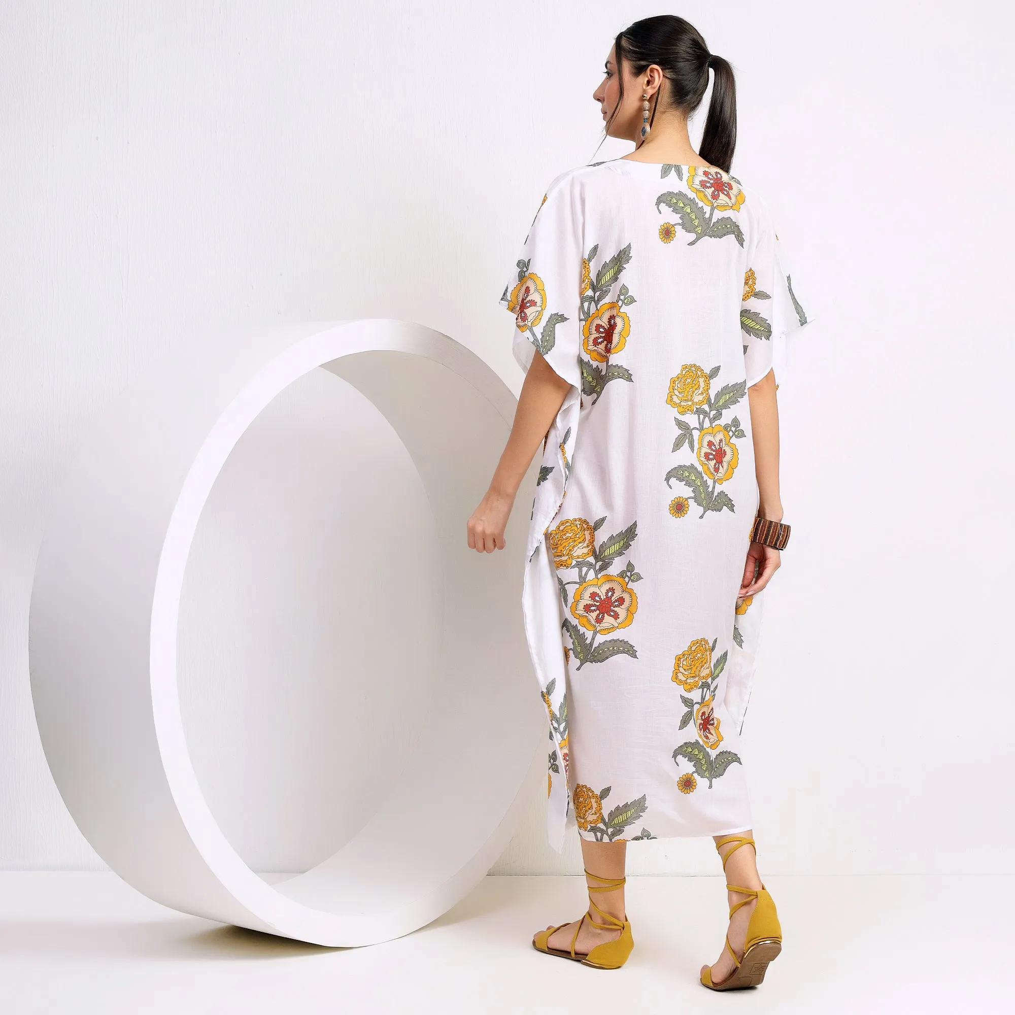 Sun-Kissed Blossoms: Yellow Floral Hand Block Printed Cotton Kaftan