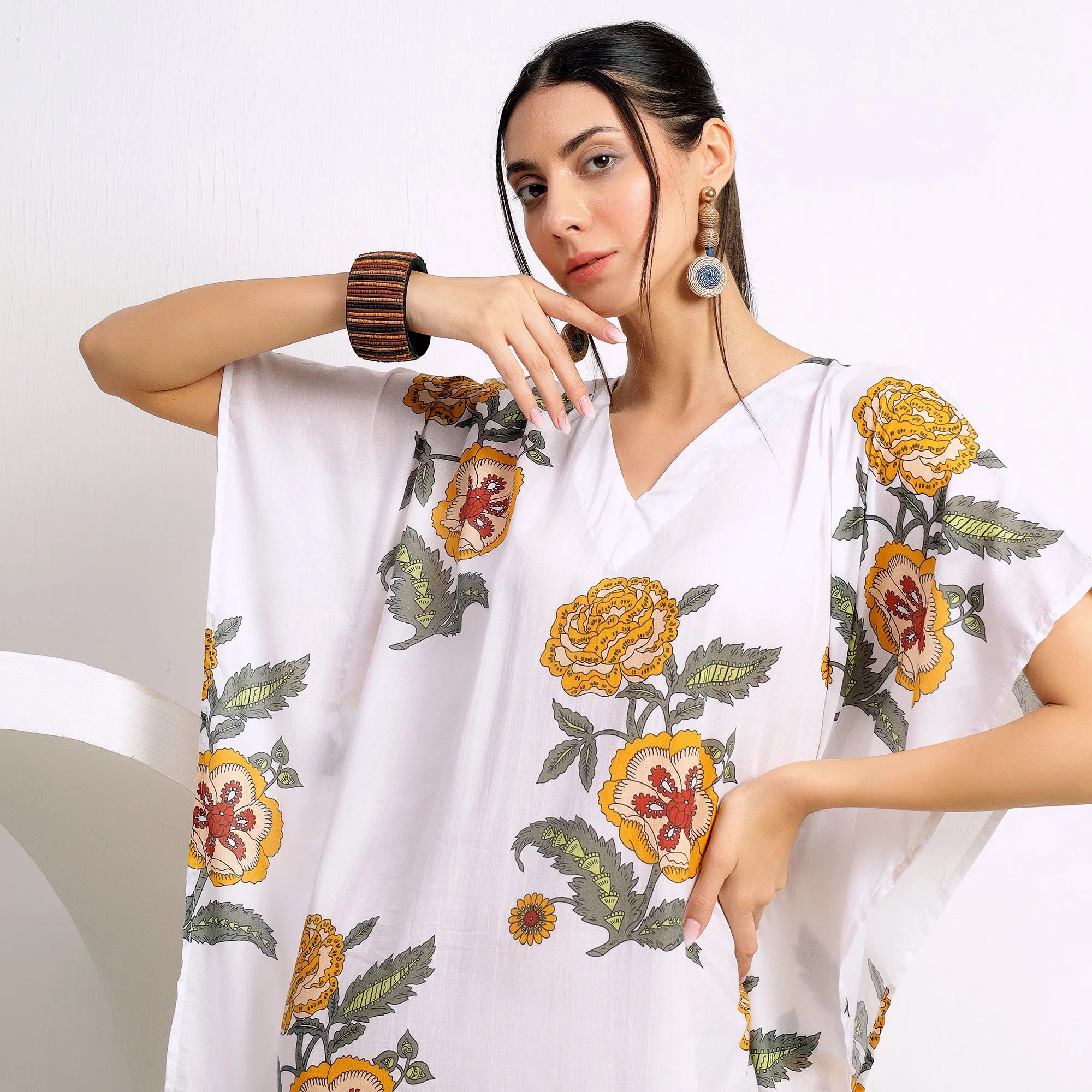 Sun-Kissed Blossoms: Yellow Floral Hand Block Printed Cotton Kaftan