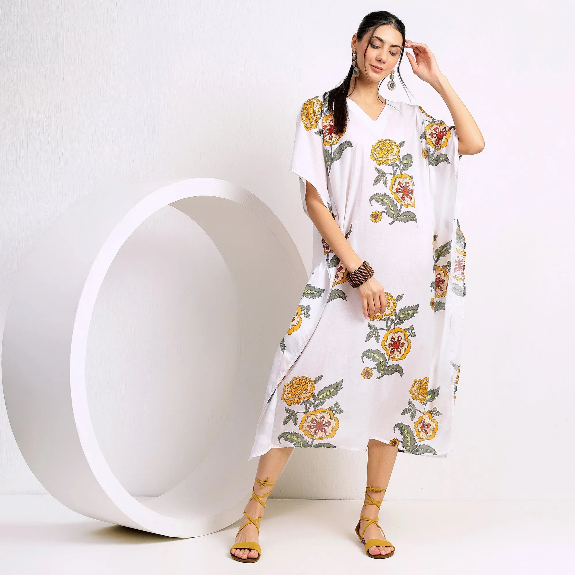 Sun-Kissed Blossoms: Yellow Floral Hand Block Printed Cotton Kaftan