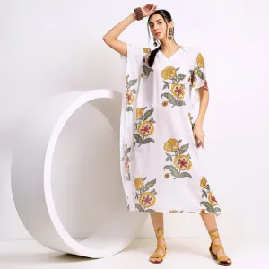 Sun-Kissed Blossoms: Yellow Floral Hand Block Printed Cotton Kaftan