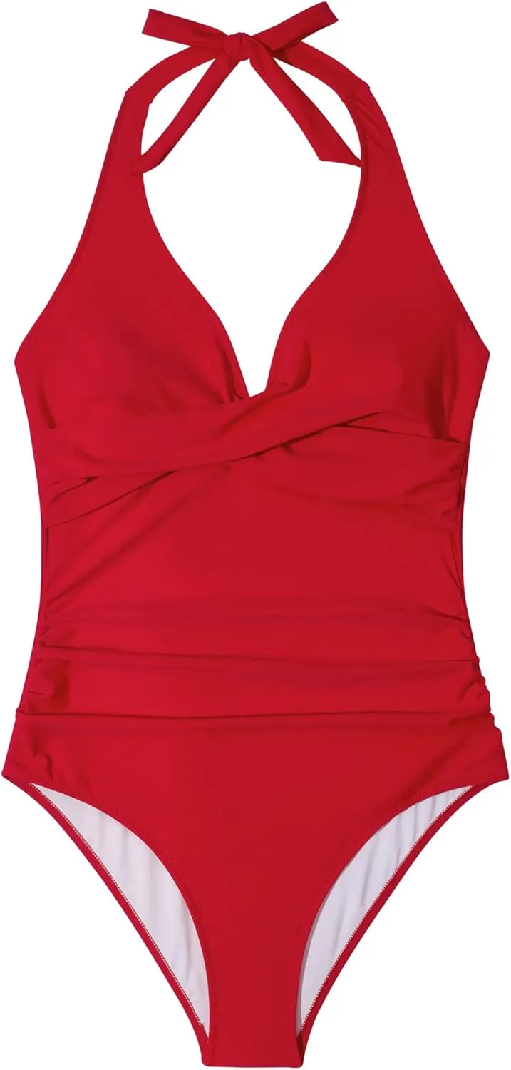SUUKSESS Women Sexy Tummy Control One Piece Swimsuits Halter Push Up Bathing Suits