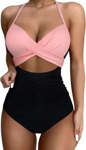 SUUKSESS Women Wrap Cut Out One Piece Swimsuit High Waisted Monokini Bathing Suit