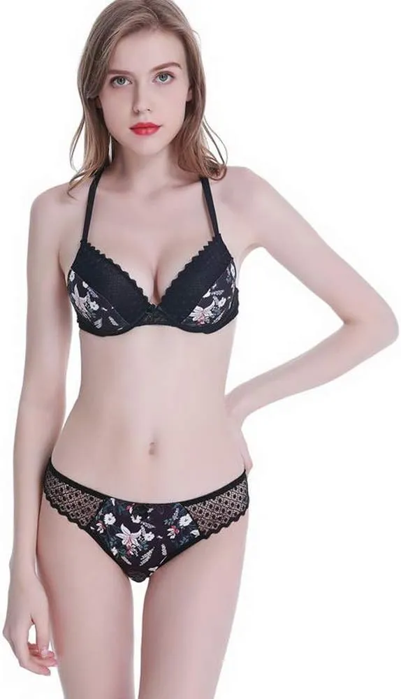 Swbreety Women's Bra and Panty Sets Floral Lace Lingerie Cross Back Underwire Push Up Bras