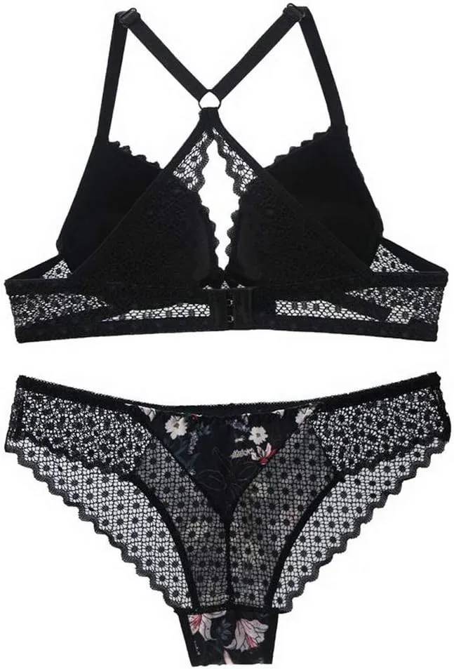 Swbreety Women's Bra and Panty Sets Floral Lace Lingerie Cross Back Underwire Push Up Bras