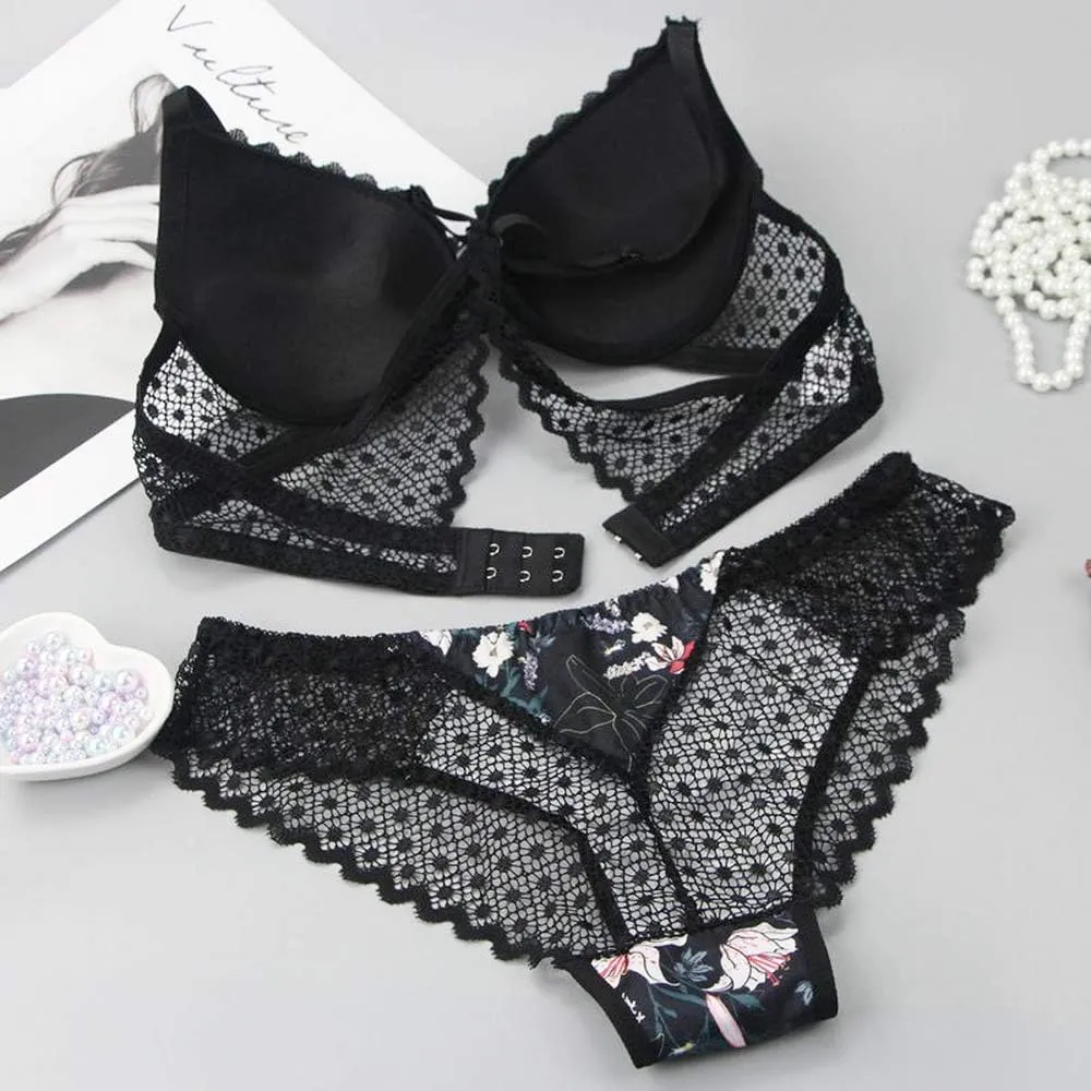 Swbreety Women's Bra and Panty Sets Floral Lace Lingerie Cross Back Underwire Push Up Bras