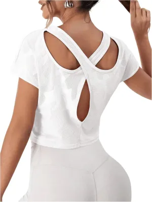 SweatyRocks Women's Criss Cross Back Crewneck Sports Tee Cut Out Short Sleeve Workout Crop Top