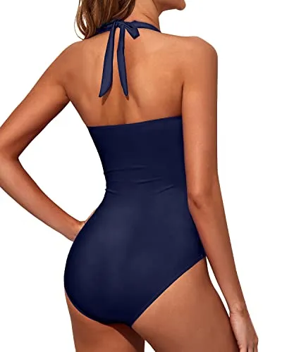 Sweetheart Neckline Swimsuits Halter Vintage Swimwear-Navy Blue
