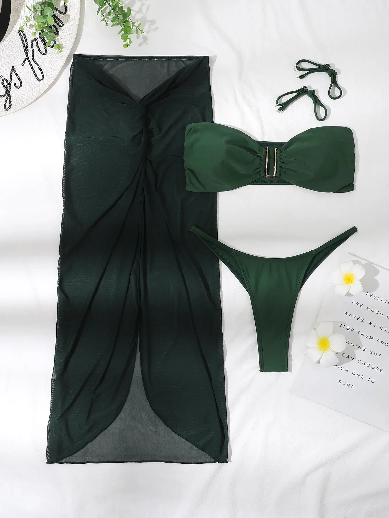 Swim Summer Beach 3pack Plain Bandeau Bikini Swimsuit & Beach Skirt