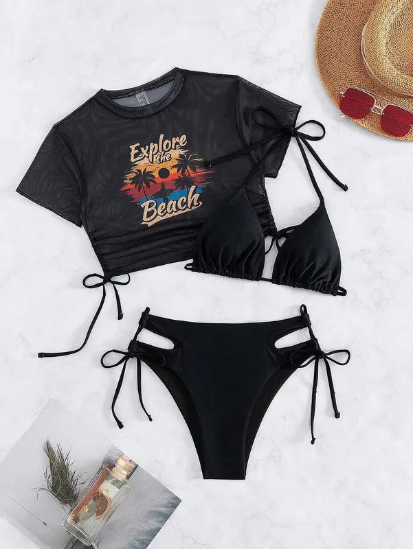 Swim Sunset Print Cami Three Piece Swimsuit Black