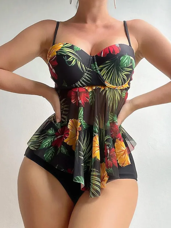 Swim Vcay Floral Print Contrast Mesh Push Up Bikini Swimsuit Black