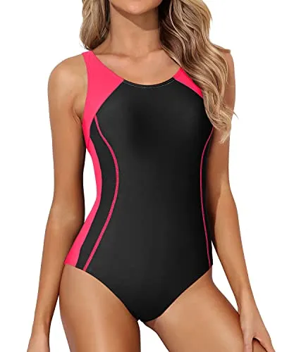 Swimming/Training/Surfing Splicing Athletic One Piece Swimsuits-Black Pink
