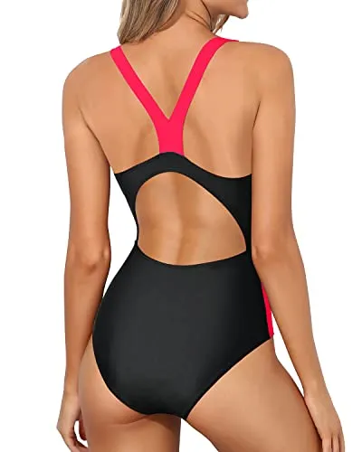 Swimming/Training/Surfing Splicing Athletic One Piece Swimsuits-Black Pink